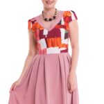 Rochie office cu bust cambrat multicolor si fusta in pliuri roz pudra uni 54R336i36