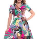 Rochie in clos imprimata cu frunze multicolor  si guler tip camasa 28R2067i2067