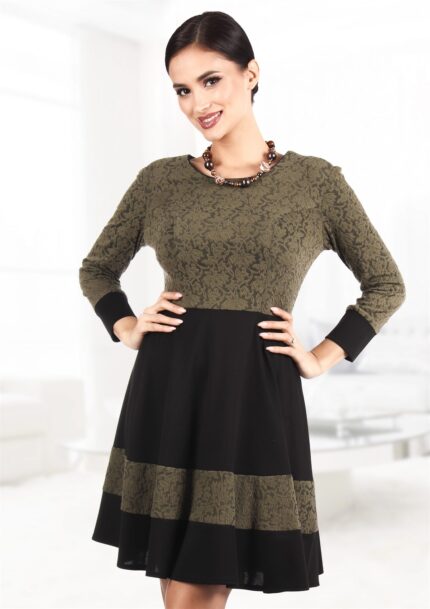Rochie in clos neagra cu bust si insertii kaki R441i0490