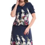 Compleu elegant de vara cu sacou si fusta imprimate cu gladiole pe fond bleumarin 16SF318i318