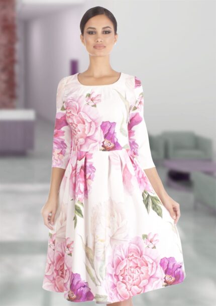 Rochie alba cu flori mari roz R085i641