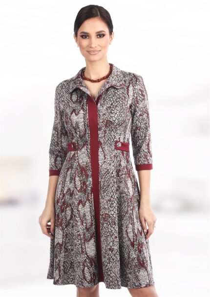 Rochie midi cu imprimeu gri cu visiniu si guler tip camasa R432i0617