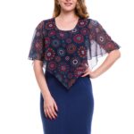 Rochie conica bleumarin cu capa din voal imprimat  001R127005