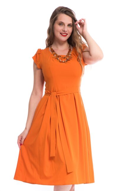 Rochie office cu bust cambrat si fusta in pliuri caramiziu uni, accesorizata prin cordon 09R06i06