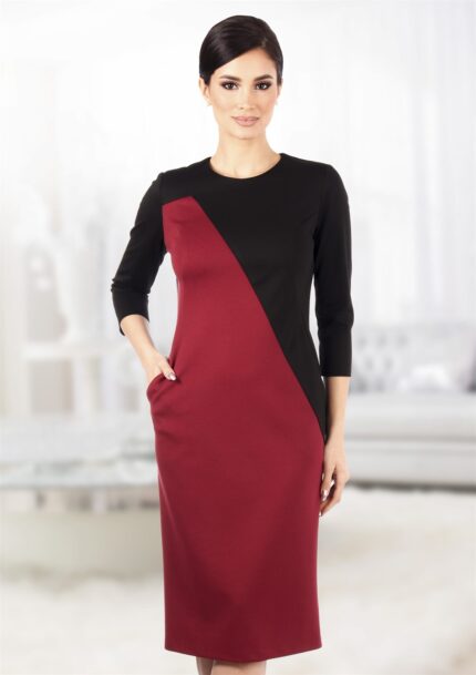 Rochie din jerse in doua culori grena-negru cu buzunare practice R445i0694