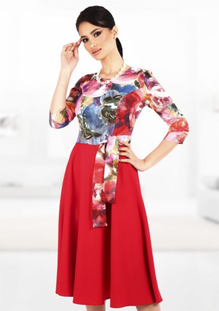 Rochie office cu bust imprimat multicolor si fusta in clos uni rosie R270i009