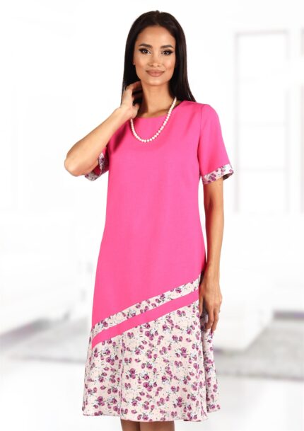 Rochie eleganta siclam cu imprimeu pe fusta  111R23i1828