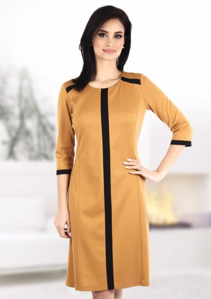 Rochie conica galben mustar cu insertii negre R439i0602