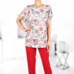 Compleu elegant de vara cu bluza imprimata multicolor si pantalon rosu uni 18BPi1667i21