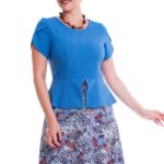 Rochie office cu basc albastru deschis si fusta imprimata color  52R38i344