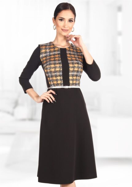 Rochie negru uni cu insertii imprimate 30R16i1159