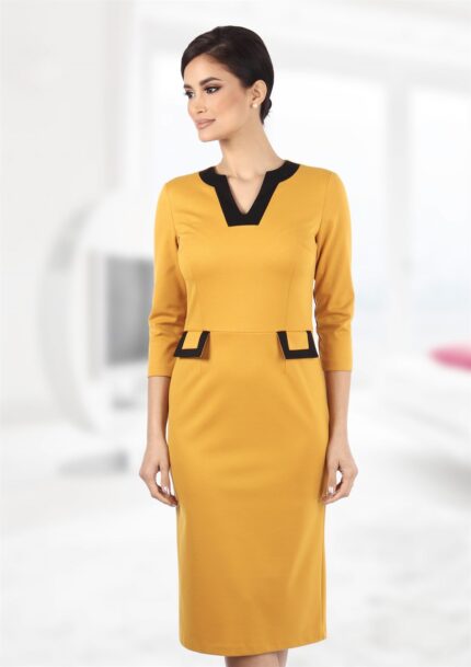 Rochie office din jerse galben mustar cu insertii de material negru R448i0728