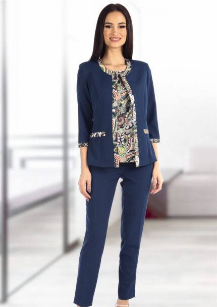 Costum elegant albastru inchis cu bluza si pantalon 39SBP64i1463