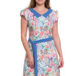 Rochie office in clini imprimata multicolor, accesorizata prin cordon albastru deschis uni  08R231i231