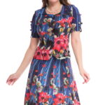 Compleu elegant de vara cu sacou si fusta imprimate floral pe fond bleumarin 16SF304i304