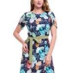 Rochie in clini cu imprimeu multicolor si cordon uni  in talie 002R111111