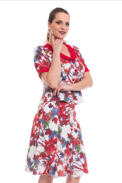 Compleu lejer de vara cu sacou si fusta pe fond alb imprimata multicolor 04SF267i267