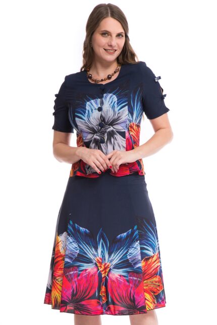 Compleu elegant de vara cu sacou si fusta imprimate floral pe fond bleumarin 16SF2021i2021