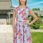 Rochie din in albastra cu imprimeu roz R085i943