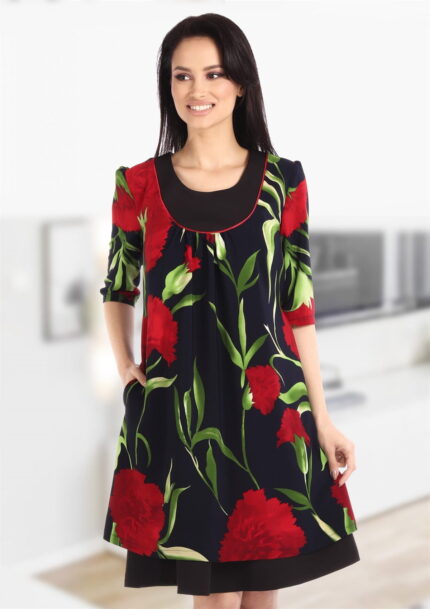 Rochie bleumarin cu imprimeu floral si cordon negru R419i579