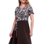 Rochie office cu bust imprimat multicolor si fusta in clos uni maro 003R101013