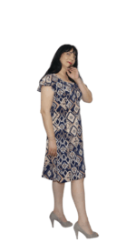 Rochie eleganta cu imprimeu geometric si captuseala - bleumarin&bej