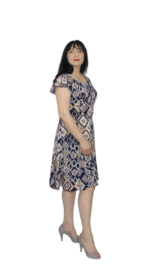 Rochie eleganta cu imprimeu geometric si captuseala - bleumarin&bej - imagine 2